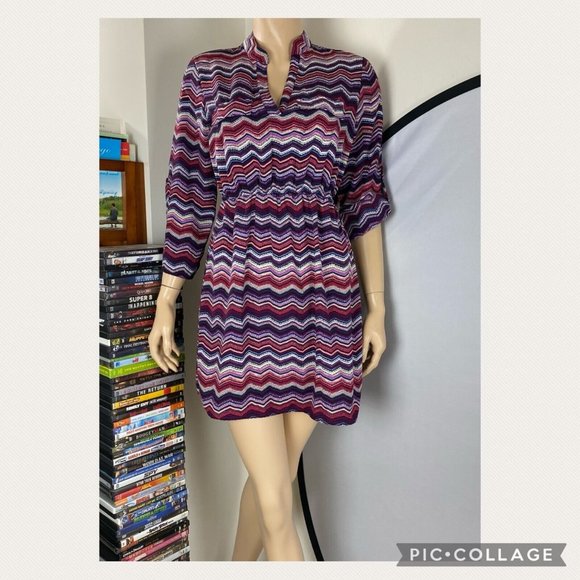 Rue21 Juniors S Chevron Zig Zag V-Neck Elastic Waist Dress Roll Tab Sleeves - Picture 11 of 12